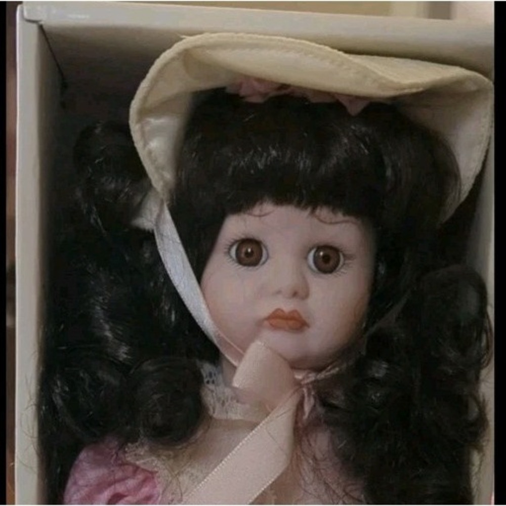 Porcelain Doll 17" dark hair brown eyes pink lace dress w/hat and parasol